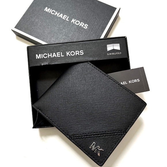 NWT MICHAEL KORS Solid Black Slim Billfold Wallet w/ Metal Logo – Boxed Gift - Picture 1 of 6